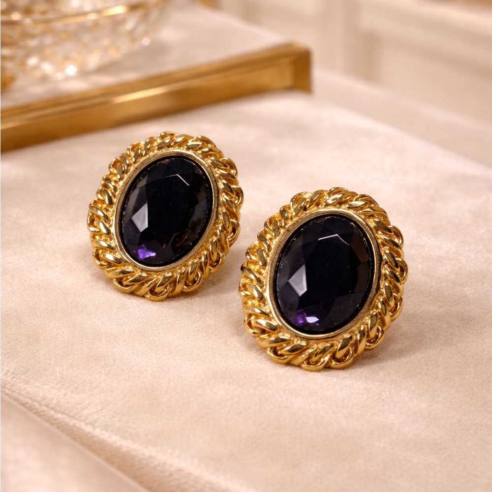 Vintage KENNETH JAY LANE KJL Gold Tone Purple Glass Statement Earrings Oval